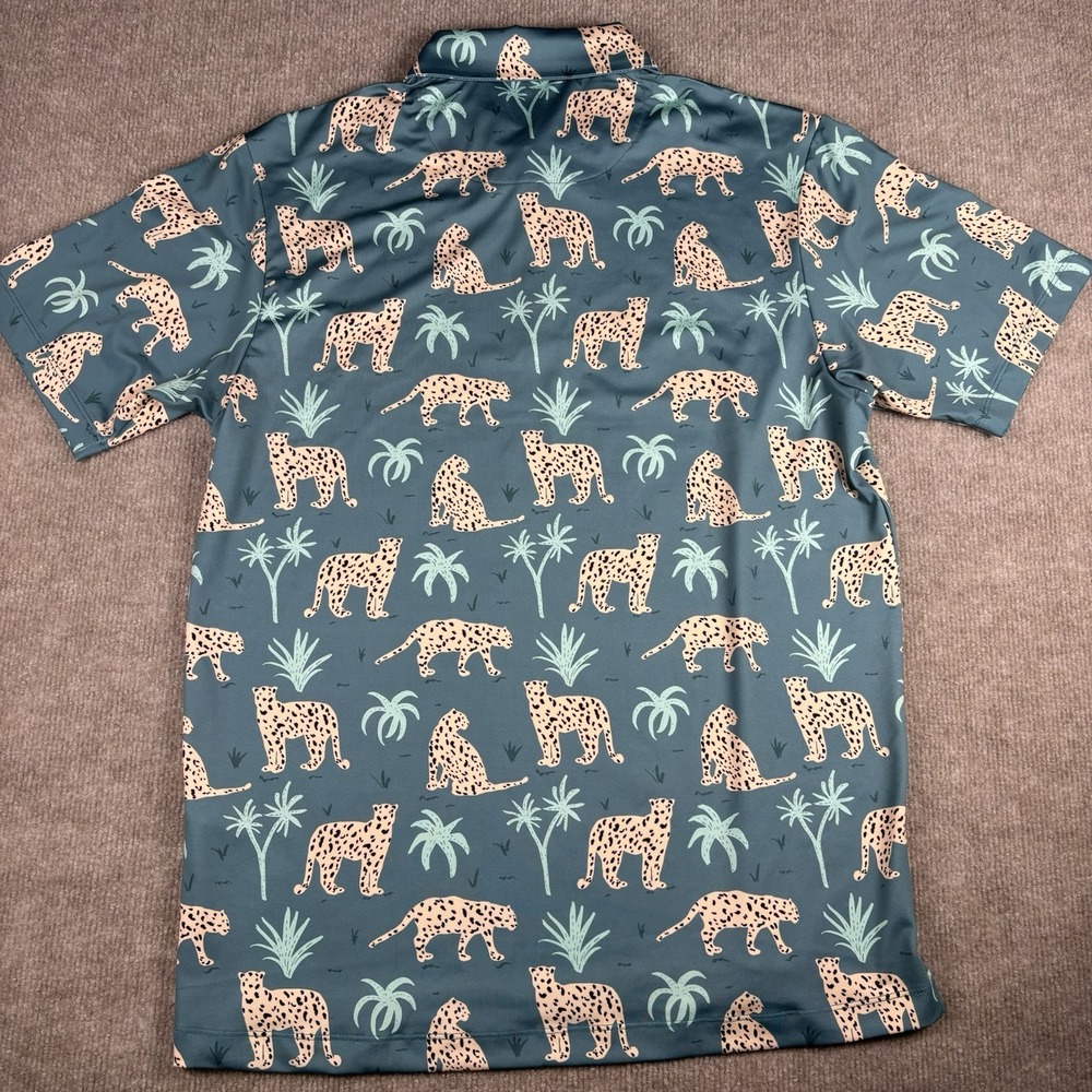 Bad Birdie Polo Shirt Mens Medium Leopard Cheetah Print Golf Stretch Green NWT - Picture 8 of 12